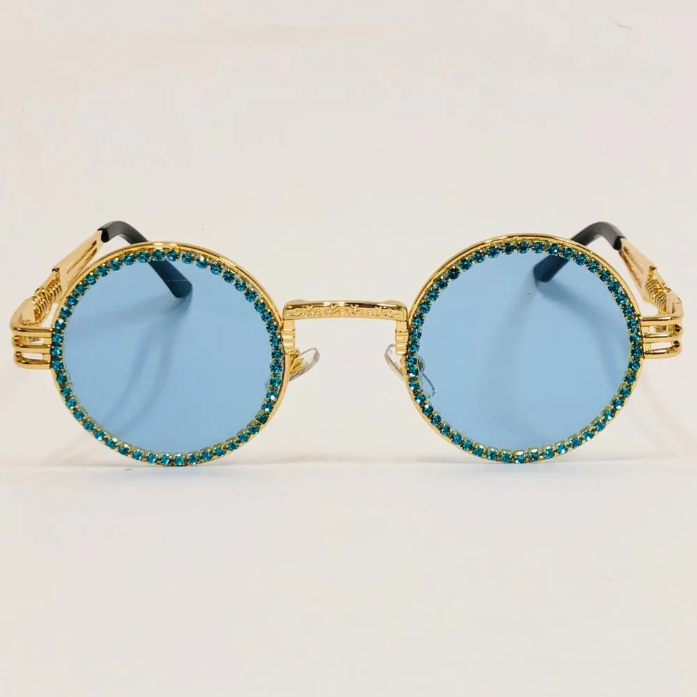 Men Women Sunglasses Blue Lens Fashion Diamond Retro‎ Classic Rhine Stone Gold
